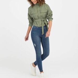 Spanx Dark wash high waisted tummy control Distressed Ankle Skinny Jeans